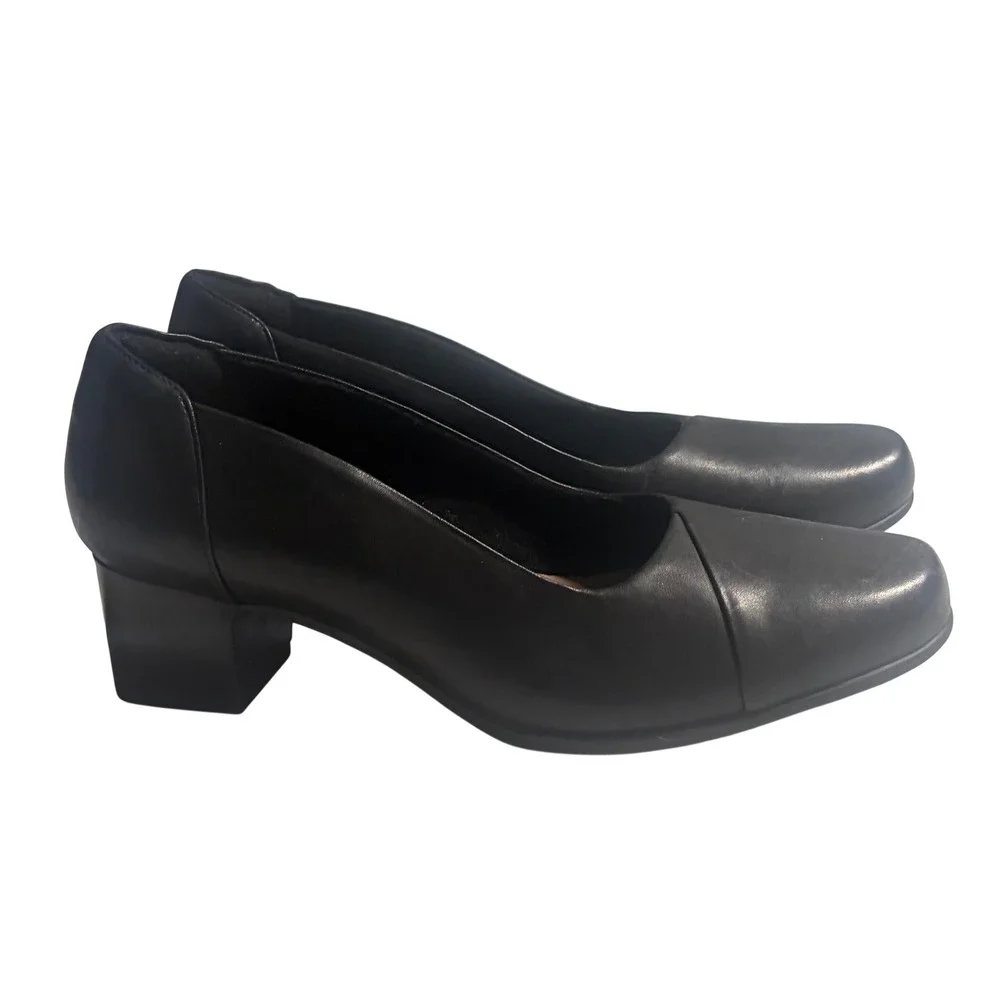 Clarks Unstructured Black Leather Block Heel Pumps Round Toe‎ Womens 10 M